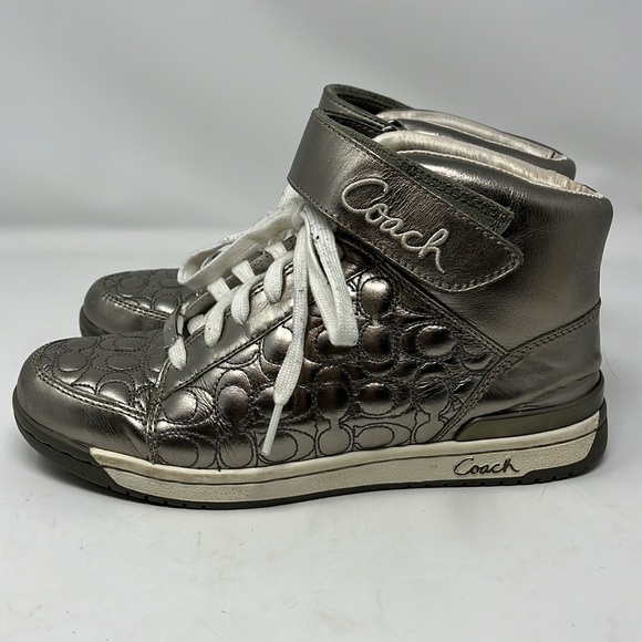 COACH NANETTE METALLIC QUILTED LEATHER C-LOGO VELCRO HIGH TOP SNEAKERS SZ 7.5.. - Picture 5 of 10
